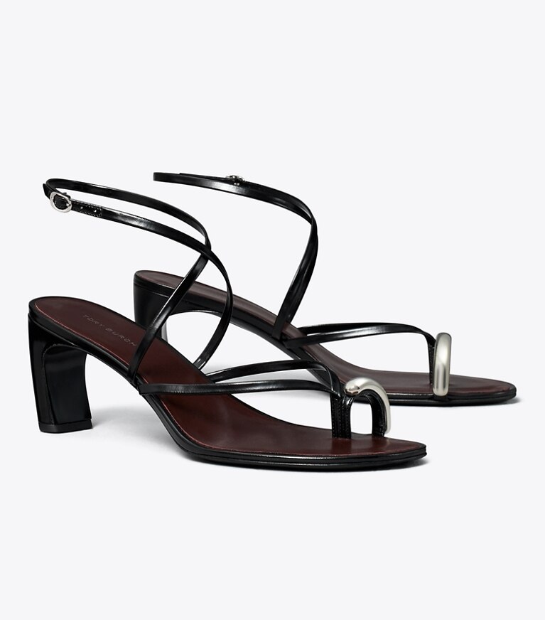 Tory Burch diseñador sandalias Sandalias de tacón con varias tiras Pierced en PERFECT BLACK / SILVER ángulo