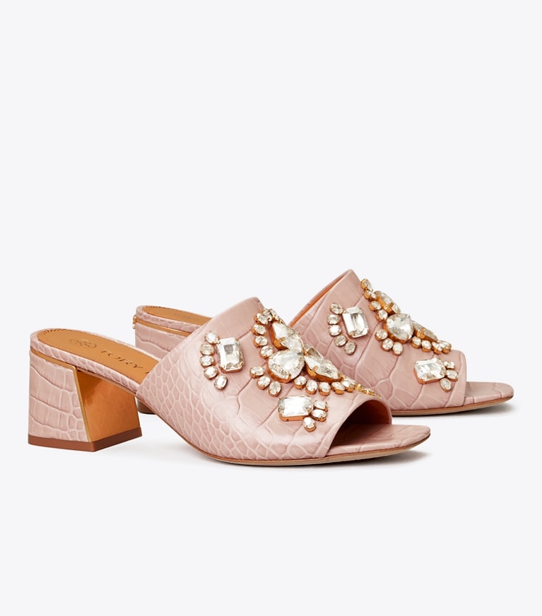 Tory Burch diseñador sandalias Sandalias de tacón medio grabadas en relieve Martine en Pink Praline/Crystal Honey ángulo