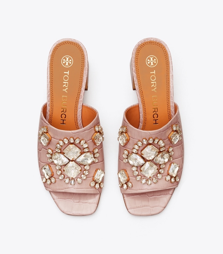 Tory Burch diseñador sandalias Sandalias de tacón medio grabadas en relieve Martine en Pink Praline/Crystal Honey desde arriba