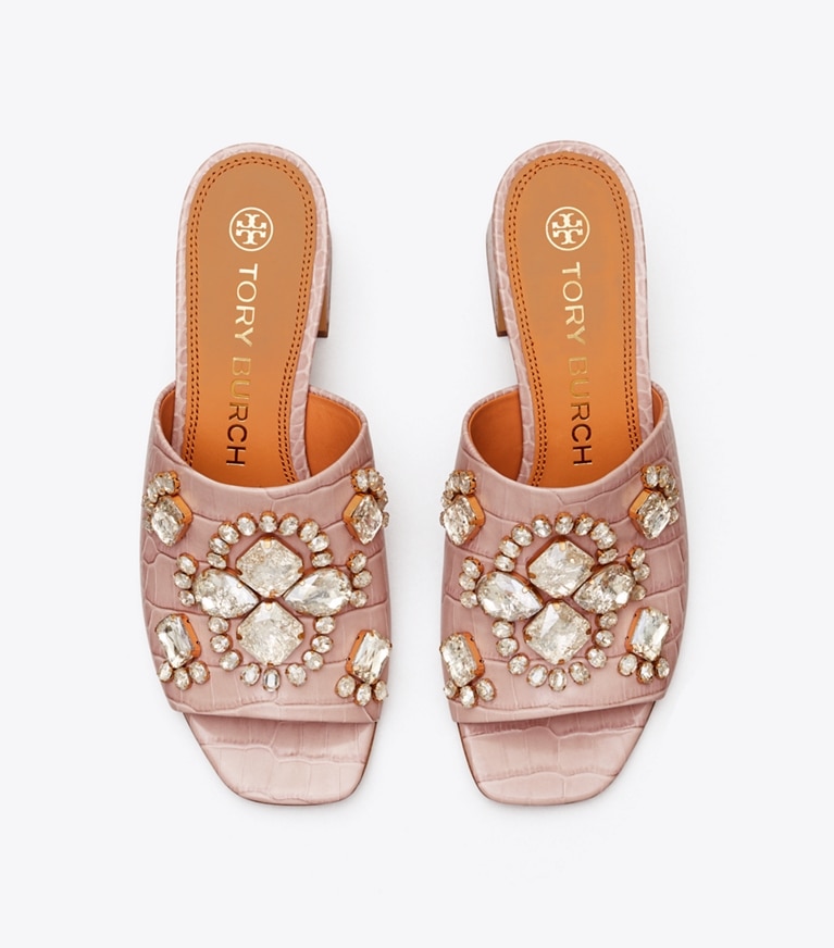 Tory Burch diseñador sandalias Sandalias de tacón medio grabadas en relieve Martine en Pink Praline/Crystal Honey desde arriba