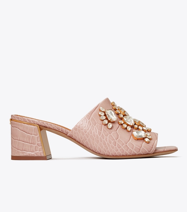 Tory Burch diseñador sandalias Sandalias de tacón medio grabadas en relieve Martine en Pink Praline/Crystal Honey lateral