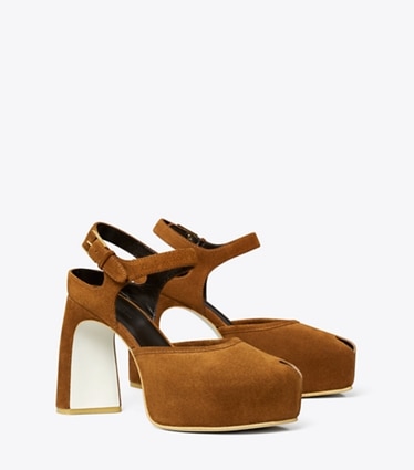 Tory Burch designer scarpe con tacco Sandalo con punta aperta e plateau in COGNAC BROWN angle