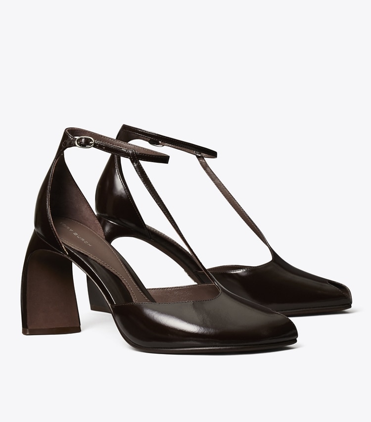 Tory Burch designer scarpe con tacco Sandalo con tacco, punta aperta e cinturino a T in DEEP BROWN angle