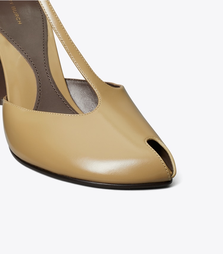 Tory Burch designer scarpe con tacco Sandalo con tacco, punta aperta e cinturino a T in WARM NUTMEG dettaglio