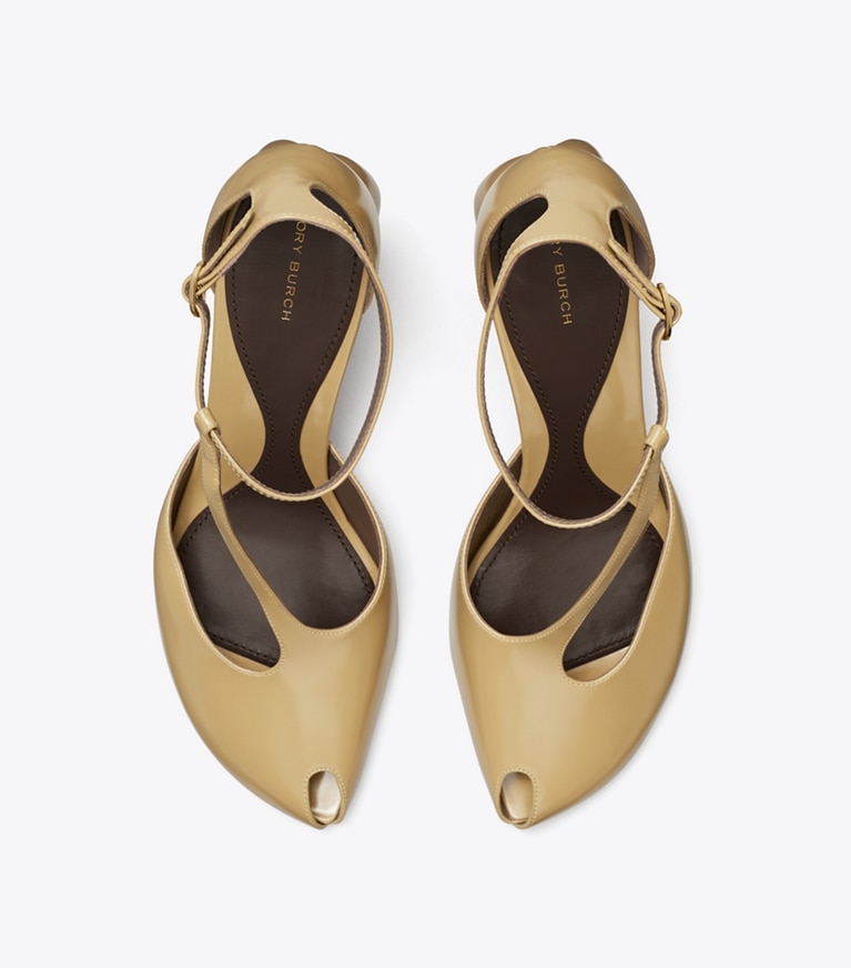 Tory Burch designer scarpe con tacco Sandalo con tacco, punta aperta e cinturino a T in WARM NUTMEG superiore