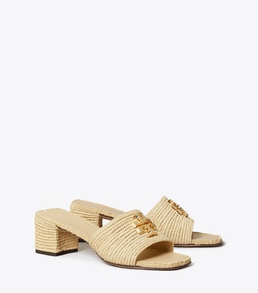 Tory Burch designer sandali Sandalo Eleanor con tacco in rafia in NATURAL / GOLD angle