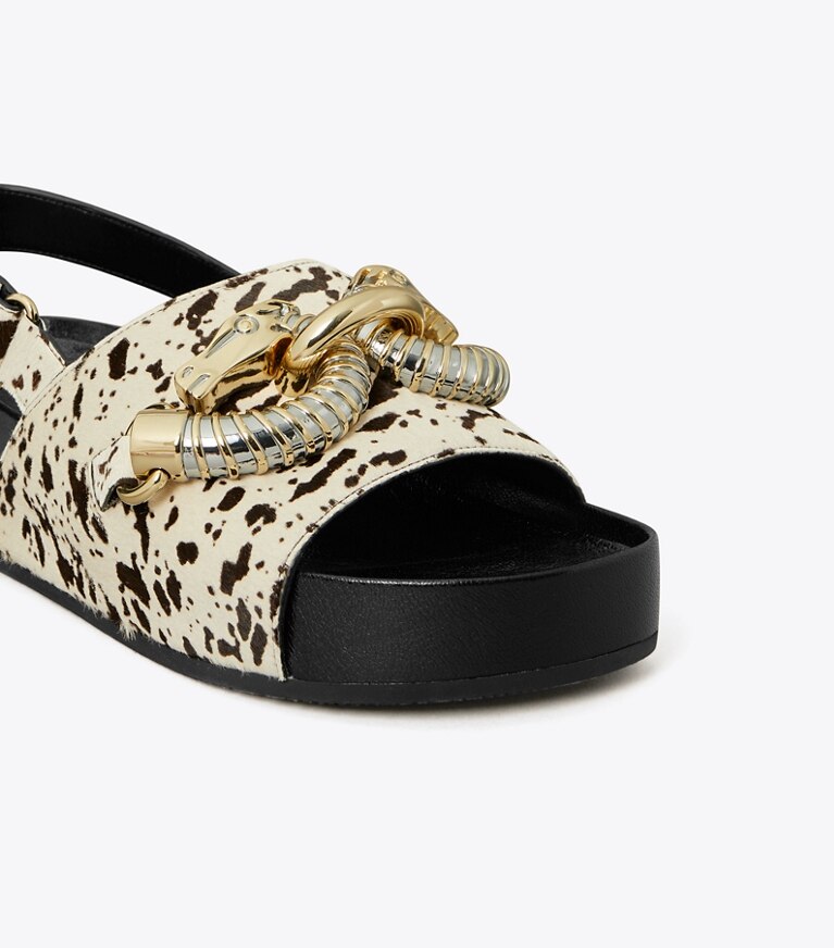 Tory Burch designer sandali Sandalo Jessa con plateau in COW PRINT / BLACK dettaglio