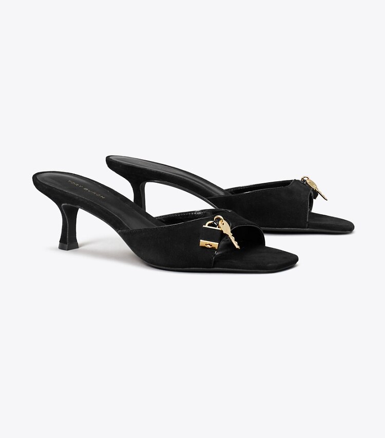 Tory Burch designer sandali Sandalo Lock kitten heel in PERFECT BLACK / GOLD angle