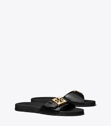 Tory Burch designer sandali Sandalo slider con fibbia in PERFECT BLACK / GOLD / PERFECT BLACK angle