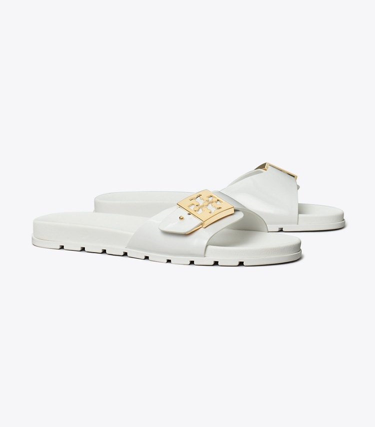 Tory Burch designer sandali Sandalo slider con fibbia in WHITE / GOLD angle