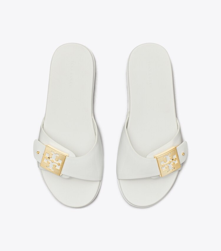 Tory Burch designer sandali Sandalo slider con fibbia in WHITE / GOLD superiore