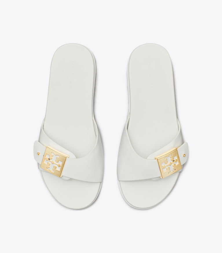 Tory Burch designer sandali Sandalo slider con fibbia in WHITE / GOLD superiore