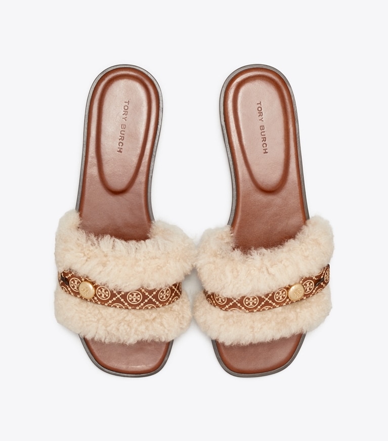 Tory Burch designer sandali Sandalo slider in shearling Romy in CLASSIC CUOIO / BUTTERMILK superiore
