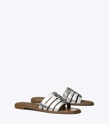 Tory Burch designer sandali Sandalo slider Ines con cinturini in SILVER / WILD MUSHROOM angle