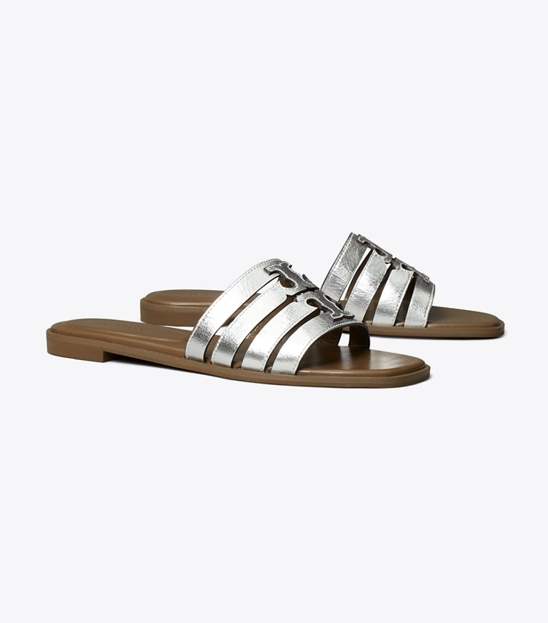 Tory Burch designer sandali Sandalo slider Ines con cinturini in SILVER / WILD MUSHROOM angle