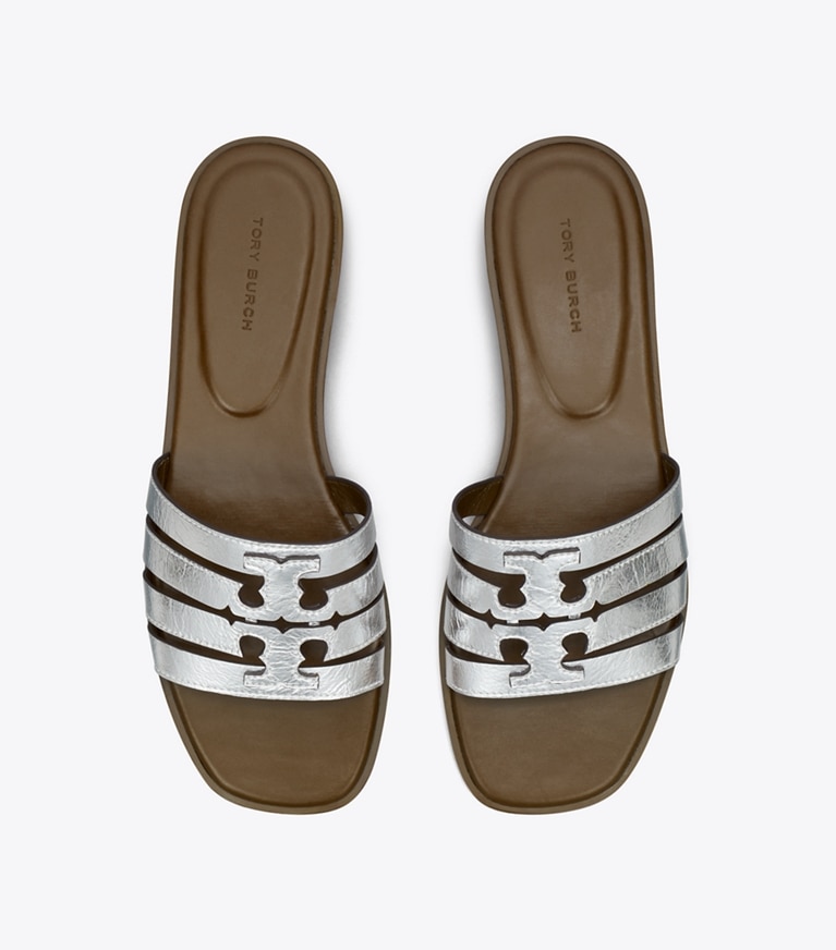 Tory Burch designer sandali Sandalo slider Ines con cinturini in SILVER / WILD MUSHROOM angle