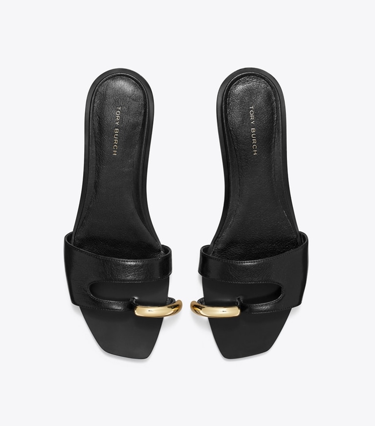 Tory Burch designer sandali Sandalo slider Pierced in PERFECT BLACK / GOLD angle
