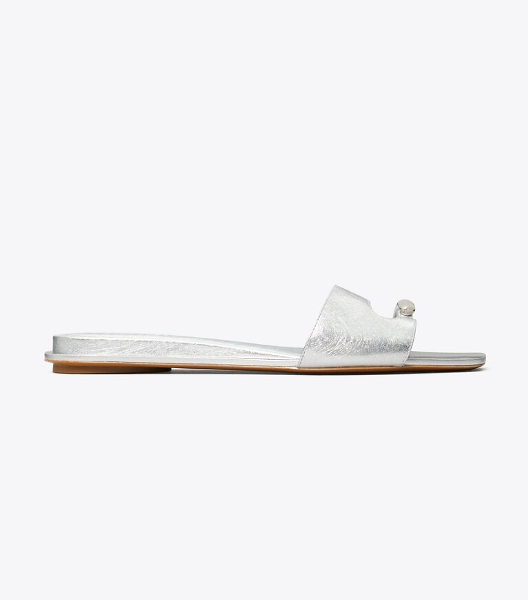 Tory Burch designer sandali Sandalo slider Pierced in BRIGHT SILVER / SILVER angle