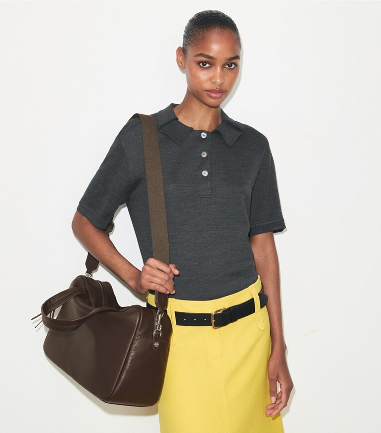 Tory Burch diseñador bolsos satchel Satchel extragrande en Cocoa accesorio en modelo