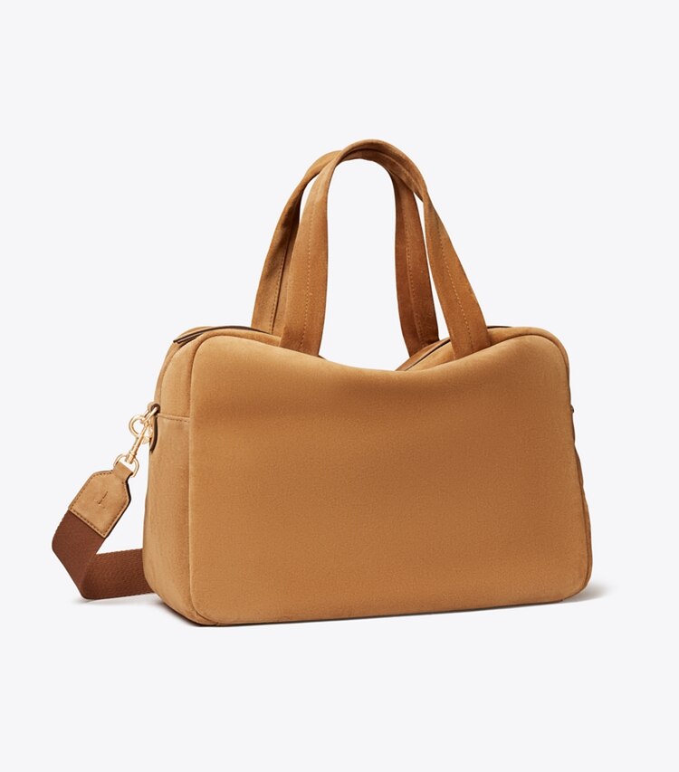 Tory Burch diseñador bolsos satchel Satchel extragrande de gamuza en Toffee ángulo