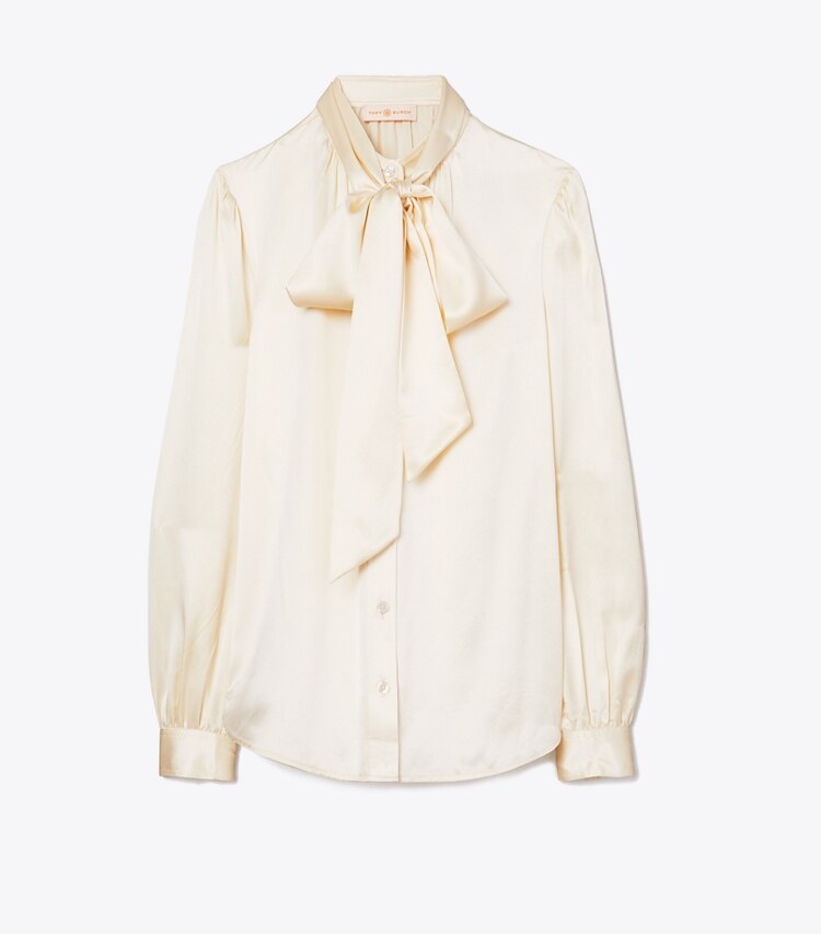 Tory Burch designer tops Satin Bow Blouse in NEW IVORY front