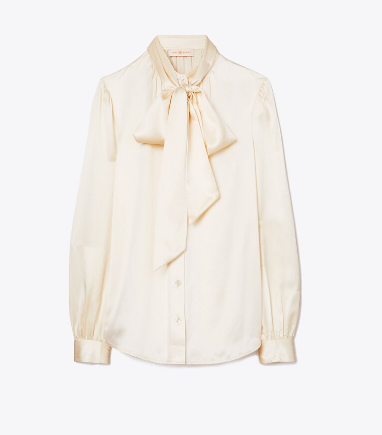 Tory Burch designer tops Satin Bow Blouse in NEW IVORY front