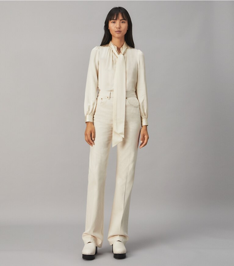 Tory Burch designer tops Satin Bow Blouse in NEW IVORY front