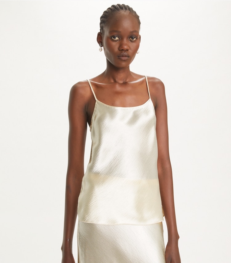 Tory Burch designer tops Satin Camisole in French Cream on model detail