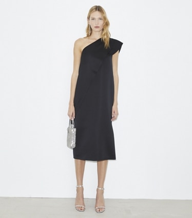Tory Burch designer dresses Satin Cape Dress in Black on model front