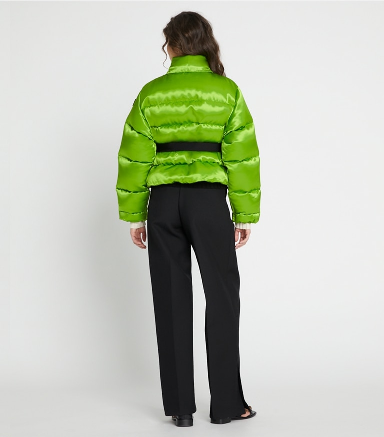 Tory Sport designer coats Satin Down Jacket in Brilliant Green front