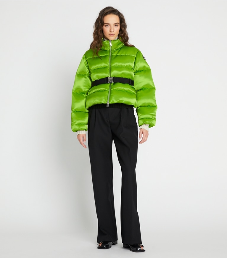 Tory Sport designer coats Satin Down Jacket in Brilliant Green front