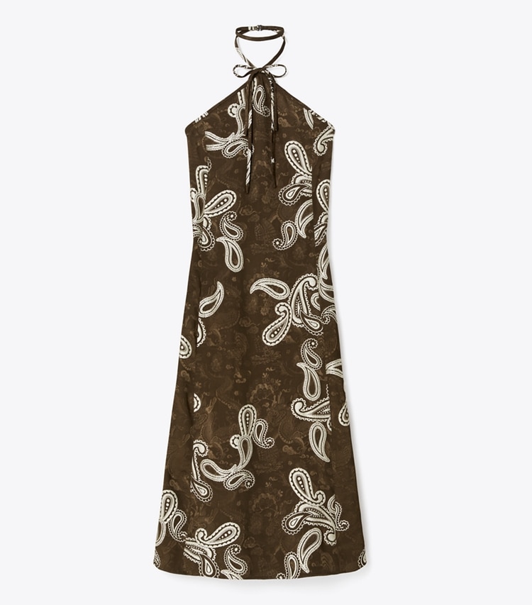 Tory Burch designer dresses Satin Halter Dress in Rich Mahogany/Ivory front
