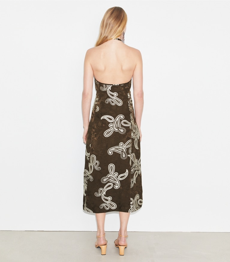 Tory Burch designer dresses Satin Halter Dress in Rich Mahogany/Ivory front