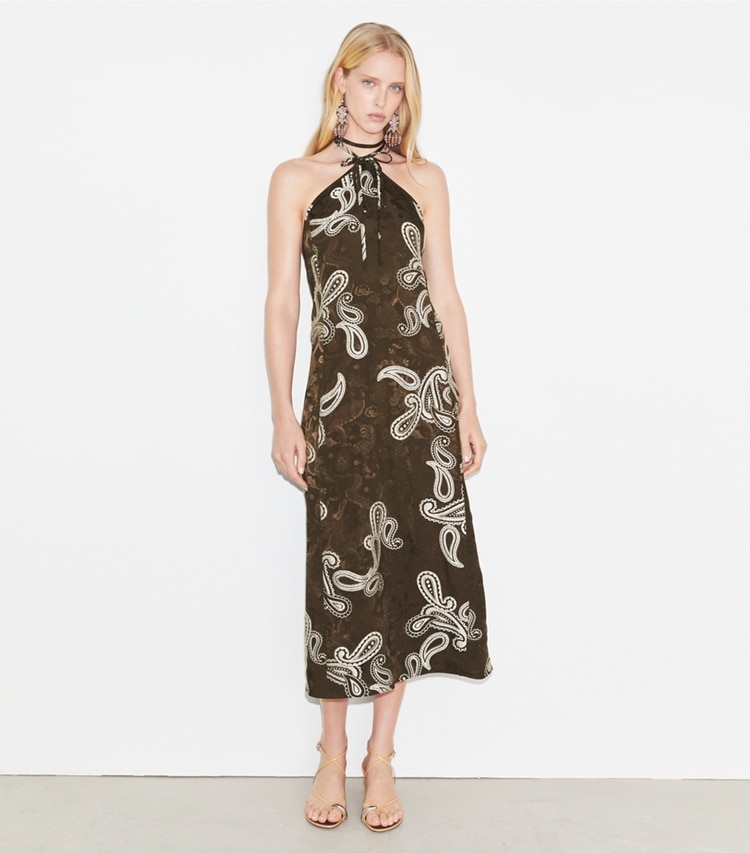 Tory Burch designer dresses Satin Halter Dress in Rich Mahogany/Ivory on model front