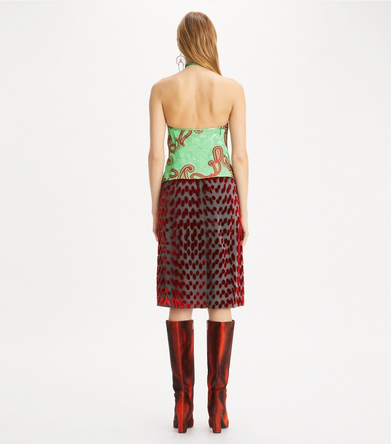 Tory Burch designer tops Satin Paisley Knot Top in Green/Red front