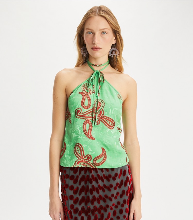 Tory Burch designer tops Satin Paisley Knot Top in Green/Red on model detail
