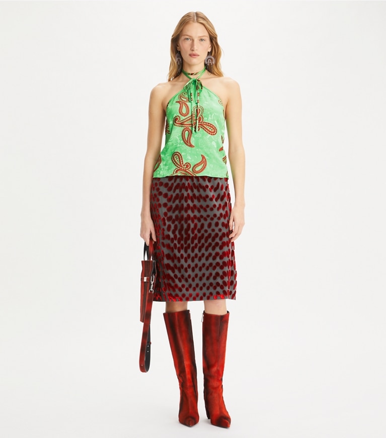 Tory Burch designer tops Satin Paisley Knot Top in Green/Red front
