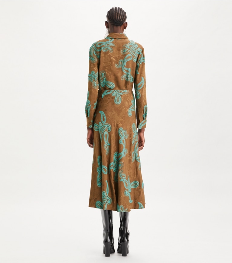 Tory Burch designer tops Satin Paisley Shirt in Aqua Stone/Smoked Peppercorn front