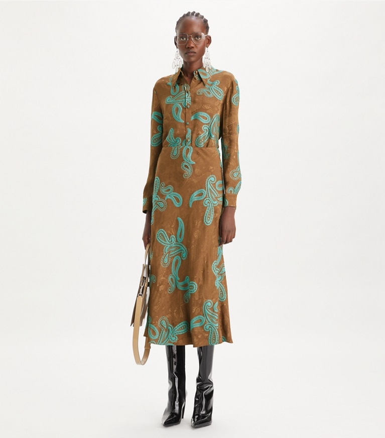 Tory Burch designer tops Satin Paisley Shirt in Aqua Stone/Smoked Peppercorn front