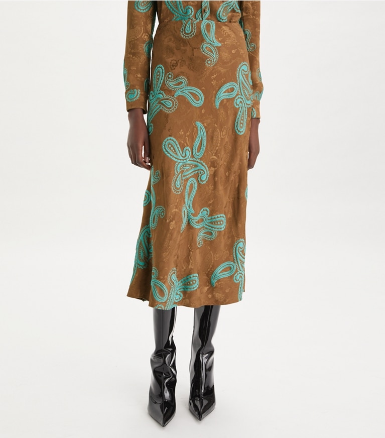 Tory Burch designer bottoms Satin Paisley Skirt in Aqua Stone/Smoked Peppercorn front