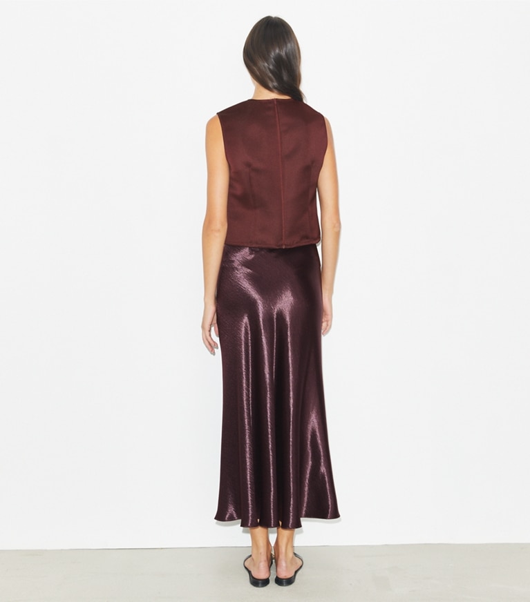 Tory Burch designer tops Satin Shell Top in Dark Sangria on model back
