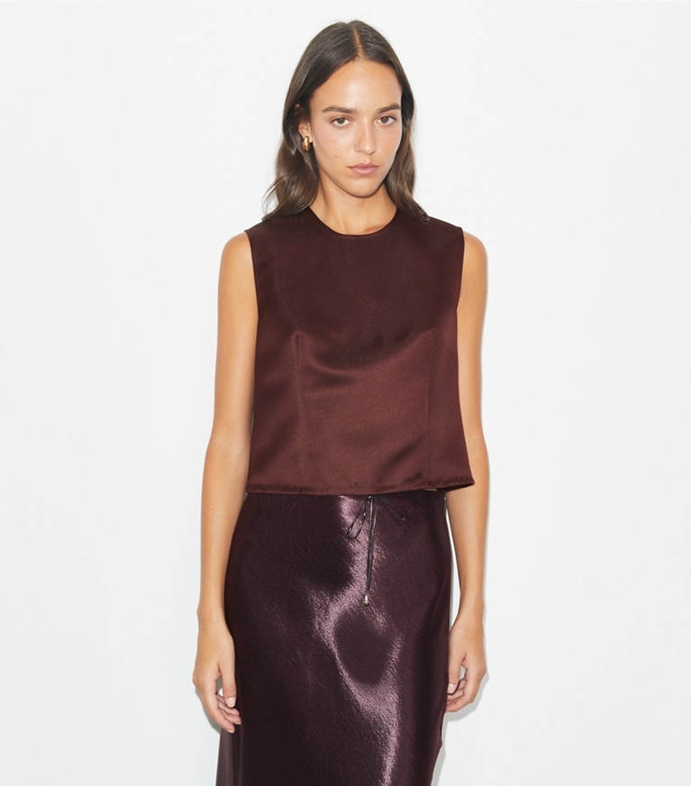 Tory Burch designer tops Satin Shell Top in Dark Sangria on model detail
