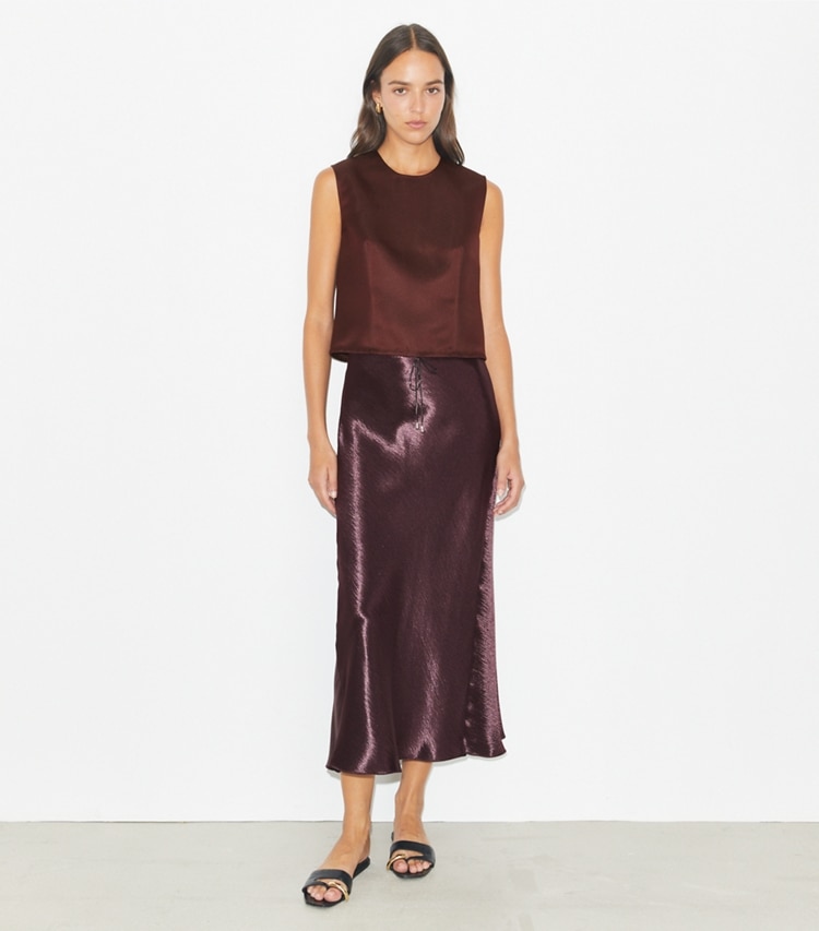 Tory Burch designer tops Satin Shell Top in Dark Sangria on model front