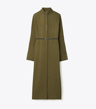 Tory Burch designer dresses Satin Shirtdress in Olive Pesto front