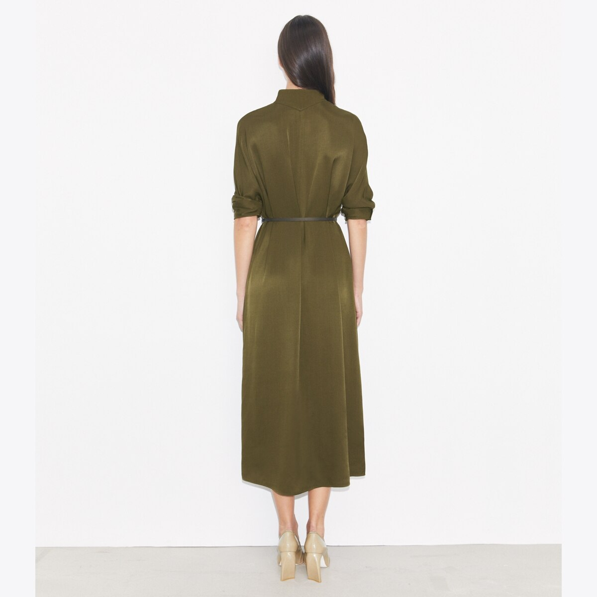 green satin shirt dress Hunter Green Satin Button Down Shirt Dress