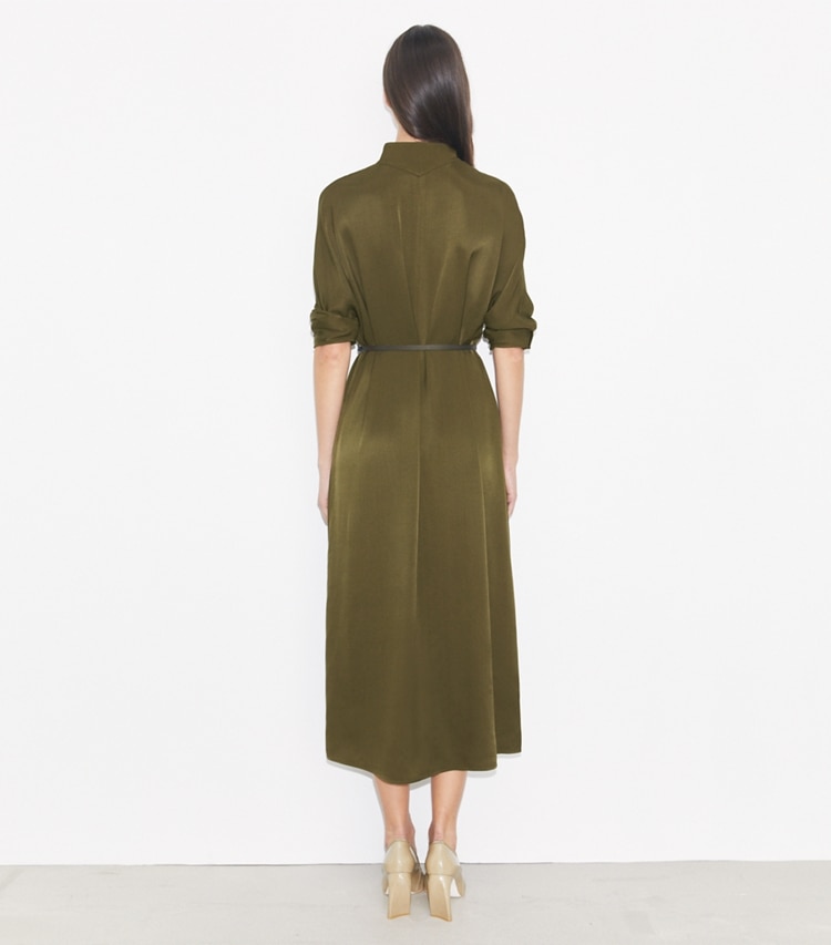 Tory Burch designer dresses Satin Shirtdress in Olive Pesto on model back