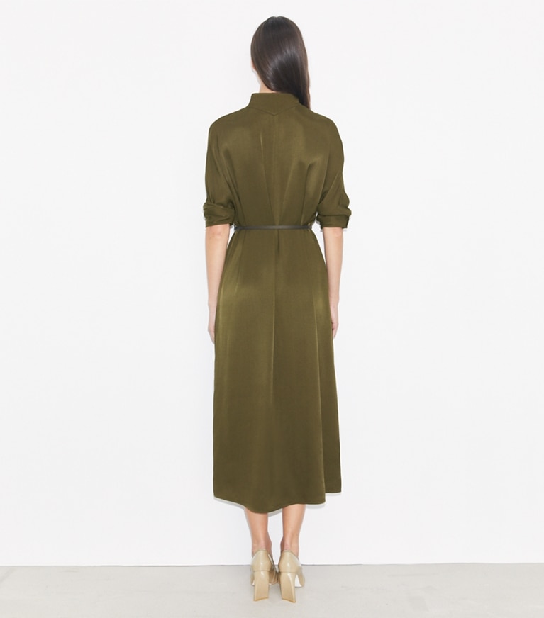 Tory Burch designer dresses Satin Shirtdress in Olive Pesto front