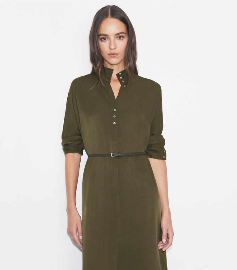 Tory Burch designer dresses Satin Shirtdress in Olive Pesto front