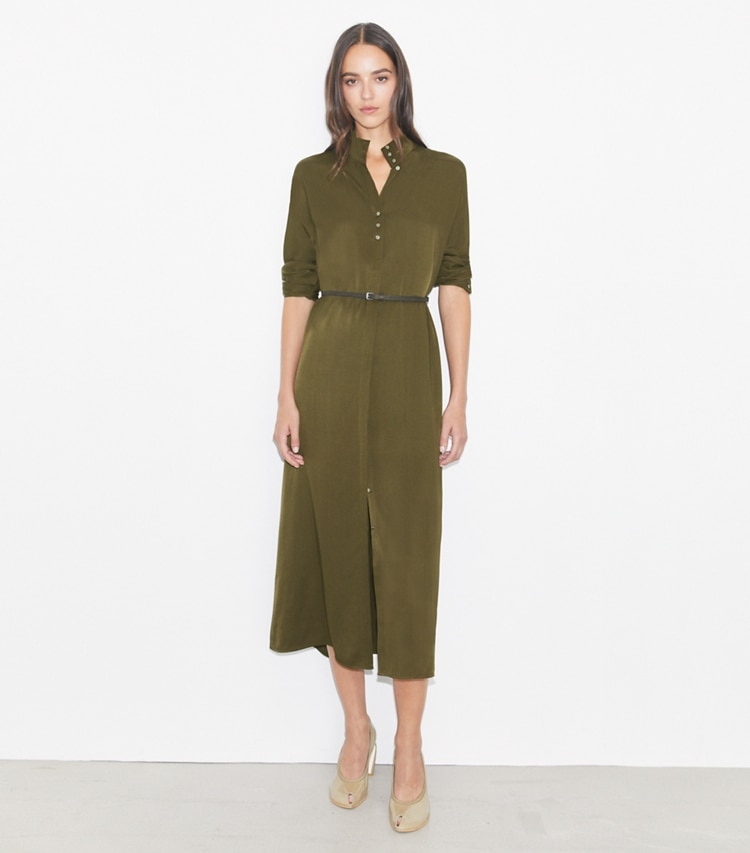 Tory Burch designer dresses Satin Shirtdress in Olive Pesto on model front