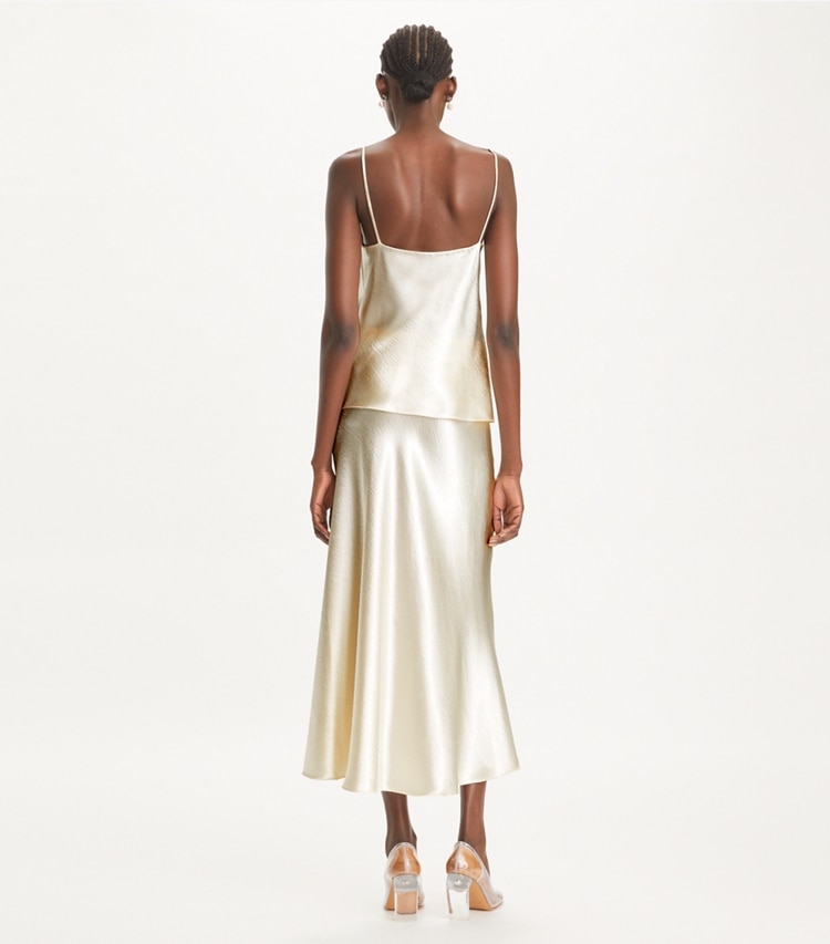 Tory Burch designer bottoms Satin Skirt in French Cream on model back